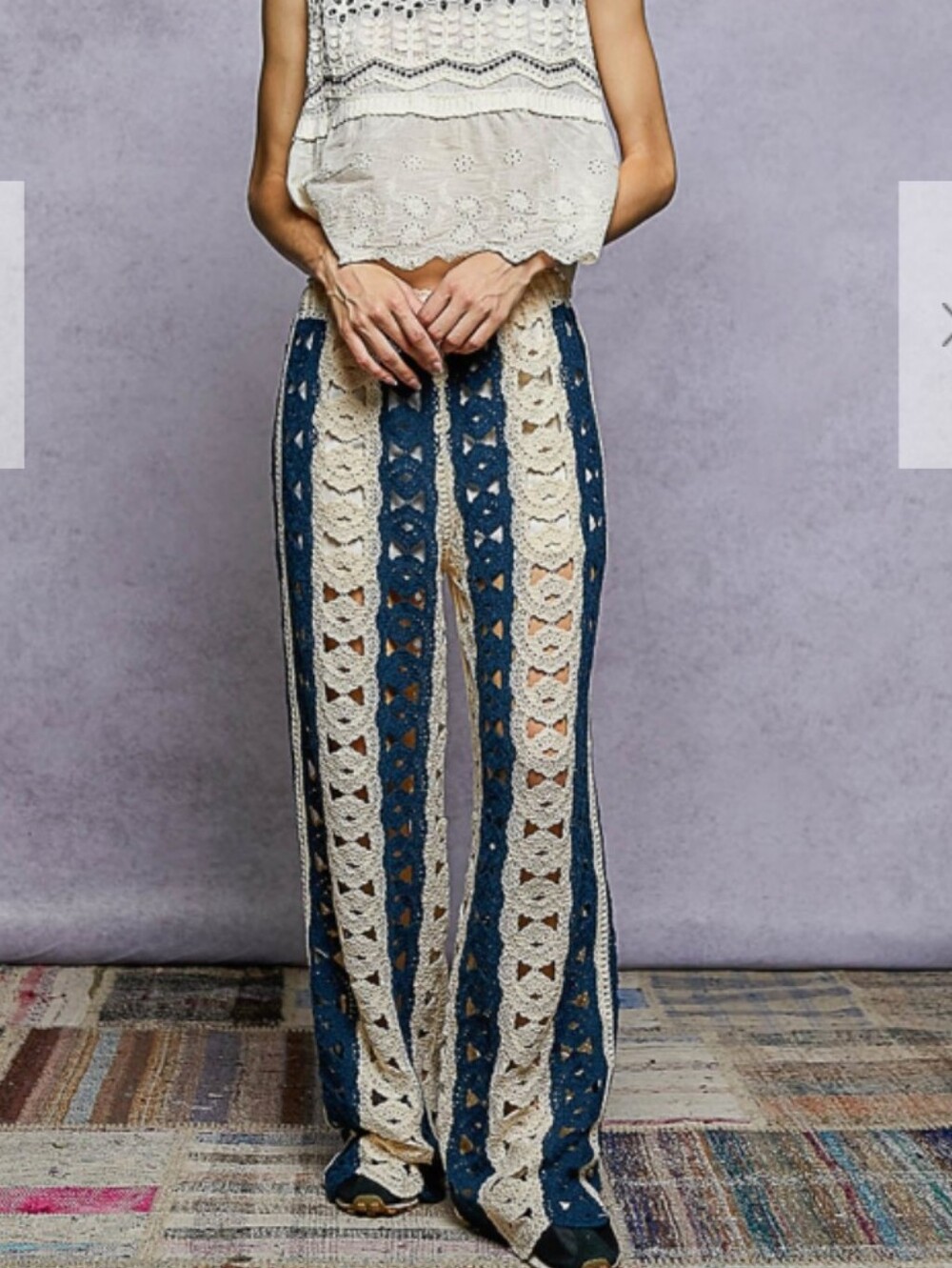 POL Crochet-Striped Wide Leg Pants in Navy and Cream